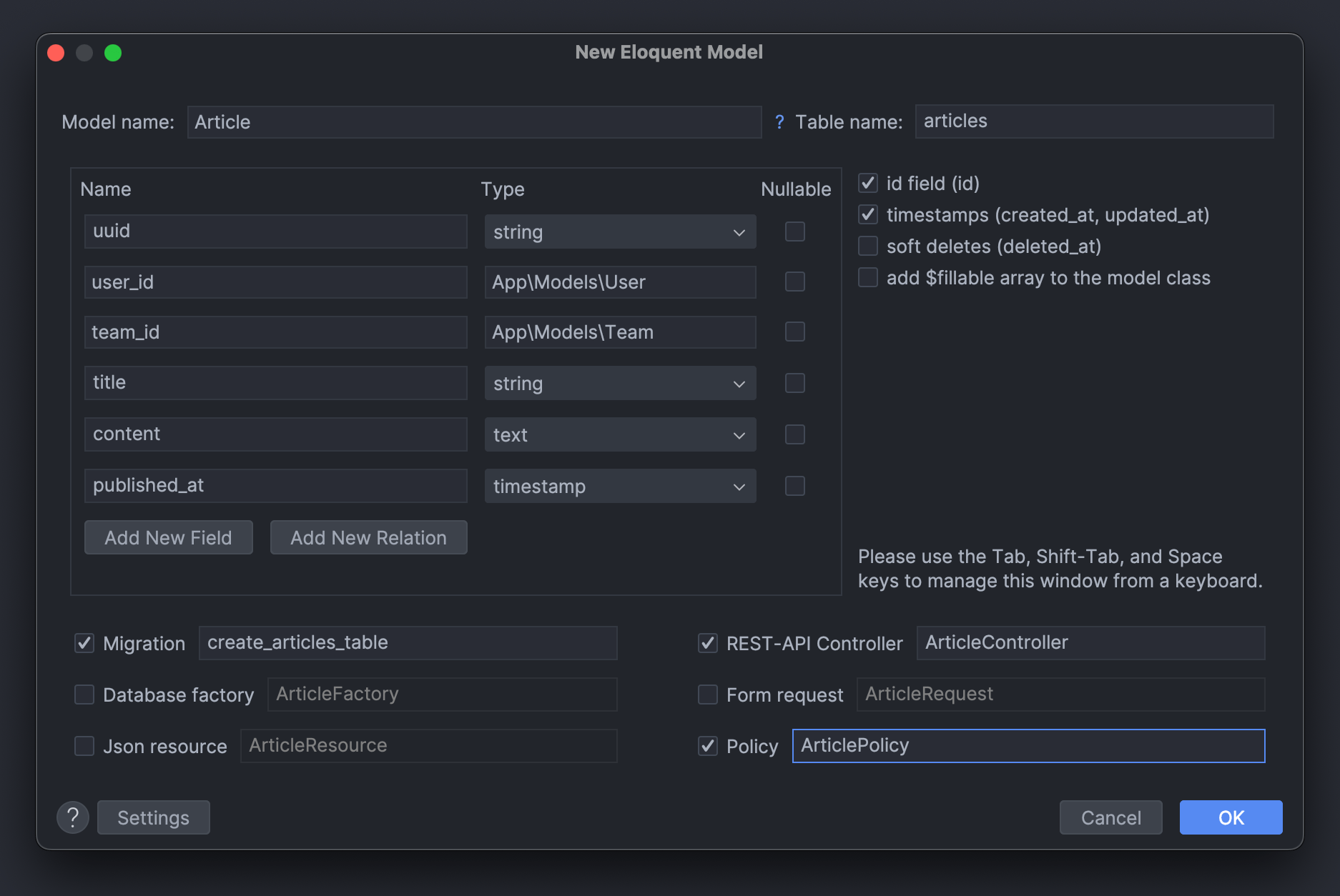 使用 Laravel Idea 生成 Eloquent 模型